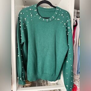Dark Green Pearl-Embellished Sweater